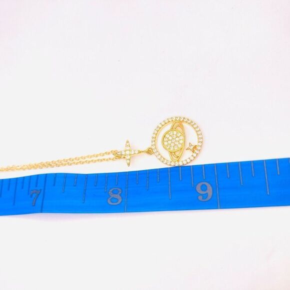 Gold dainty rhinestone Saturn planet pendant necklace - Picture 5 of 5